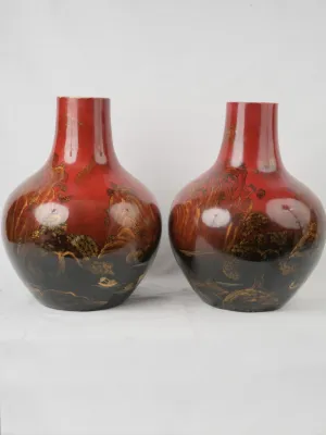 Exquisite 19th-Century Indochinese Lacquered & Hand-Painted Porcelain Vases 20¾"