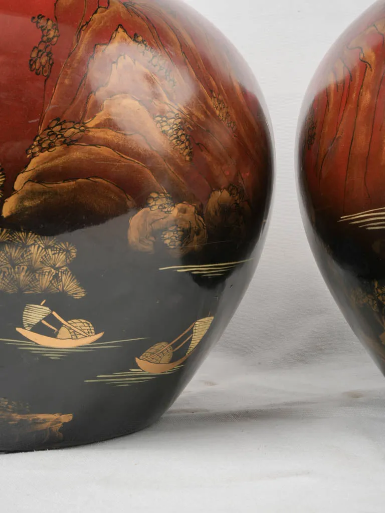 Exquisite 19th-Century Indochinese Lacquered & Hand-Painted Porcelain Vases 20¾"