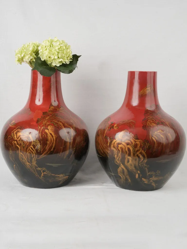 Exquisite 19th-Century Indochinese Lacquered & Hand-Painted Porcelain Vases 20¾"