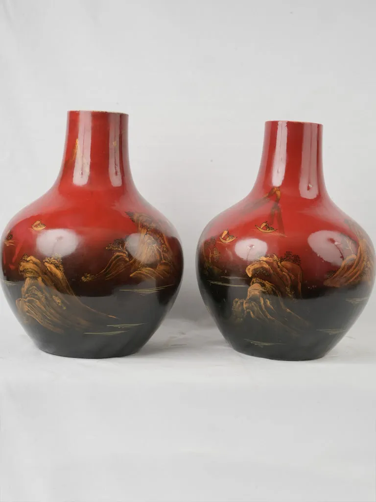 Exquisite 19th-Century Indochinese Lacquered & Hand-Painted Porcelain Vases 20¾"