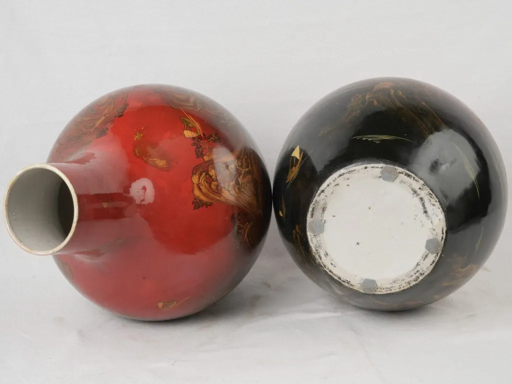 Exquisite 19th-Century Indochinese Lacquered & Hand-Painted Porcelain Vases 20¾"
