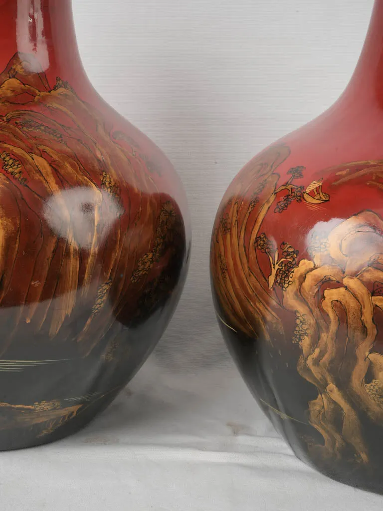 Exquisite 19th-Century Indochinese Lacquered & Hand-Painted Porcelain Vases 20¾"