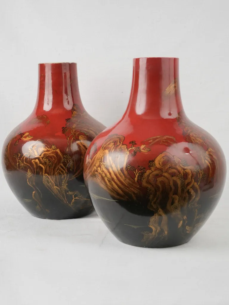 Exquisite 19th-Century Indochinese Lacquered & Hand-Painted Porcelain Vases 20¾"
