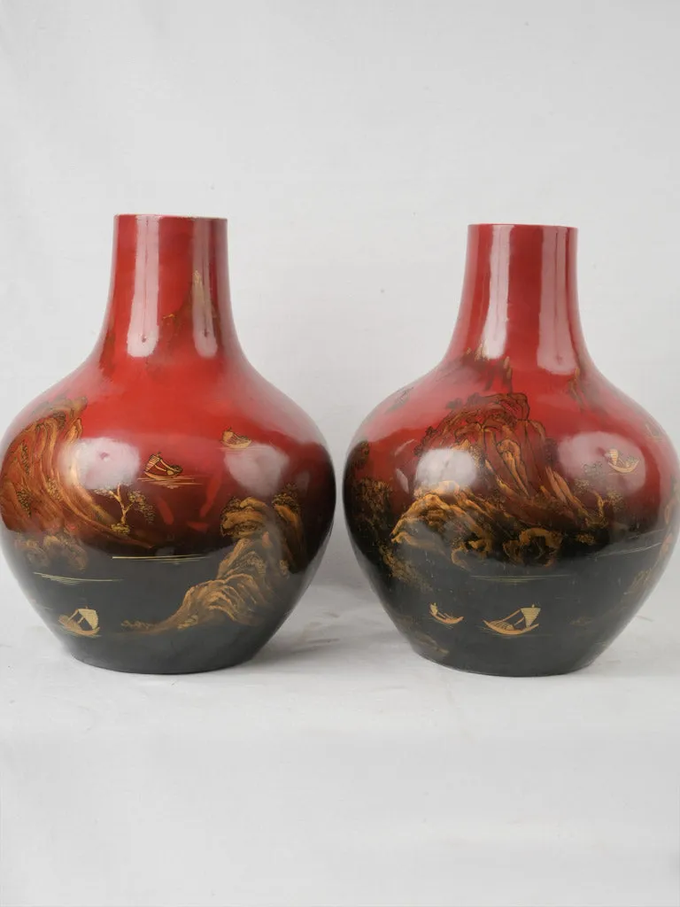 Exquisite 19th-Century Indochinese Lacquered & Hand-Painted Porcelain Vases 20¾"