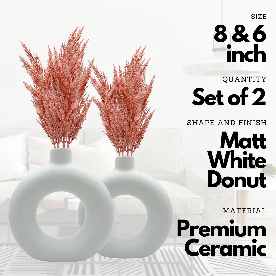 FarKraft Flower Vase | White Vase | Pampas Grass Vase | Ceramic Vase | Round Shaped Vase | Home Decor Centrepiece | Decor Showpiece Donut Vase 6 & 8 Inches (Pack of 2)