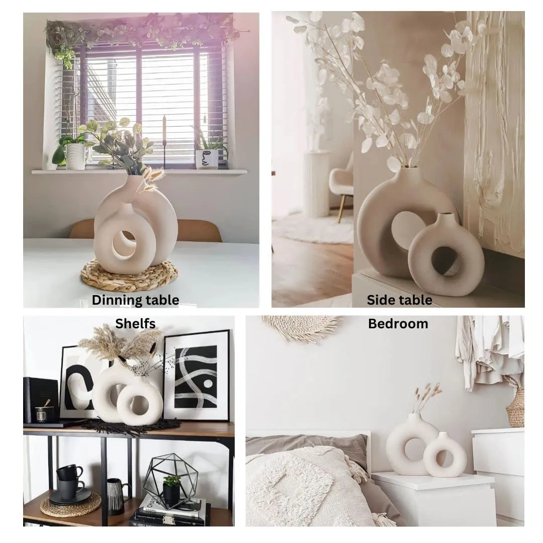 FarKraft Flower Vase | White Vase | Pampas Grass Vase | Ceramic Vase | Round Shaped Vase | Home Decor Centrepiece | Decor Showpiece Donut Vase 6 & 8 Inches (Pack of 2)