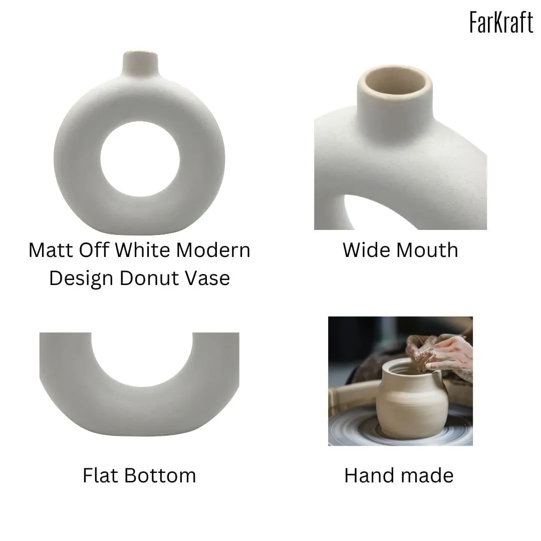 FarKraft Flower Vase | White Vase | Pampas Grass Vase | Ceramic Vase | Round Shaped Vase | Home Decor Centrepiece | Decor Showpiece Donut Vase 6 & 8 Inches (Pack of 2)