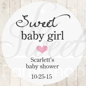 Girls Baby Shower Favor Stickers - Baby Shower Thank You Stickers - White Favor Stickers - Pink Heart (Sweet Baby Girl) - Set of 24