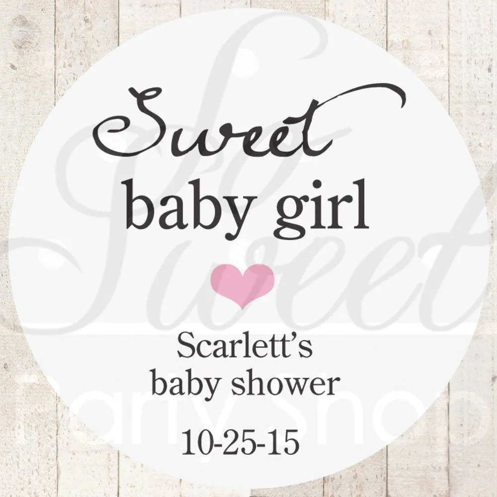 Girls Baby Shower Favor Stickers - Baby Shower Thank You Stickers - White Favor Stickers - Pink Heart (Sweet Baby Girl) - Set of 24