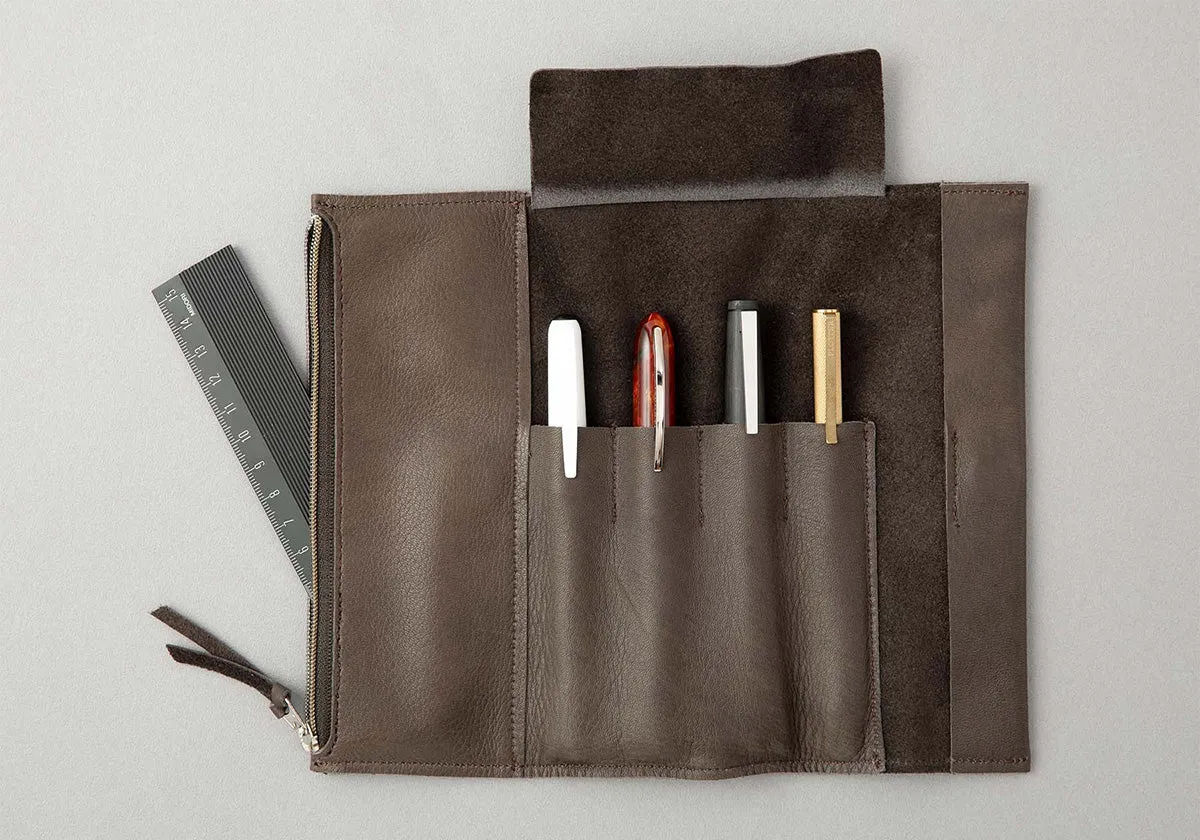 Grain Leather Roll Pen Case Gray