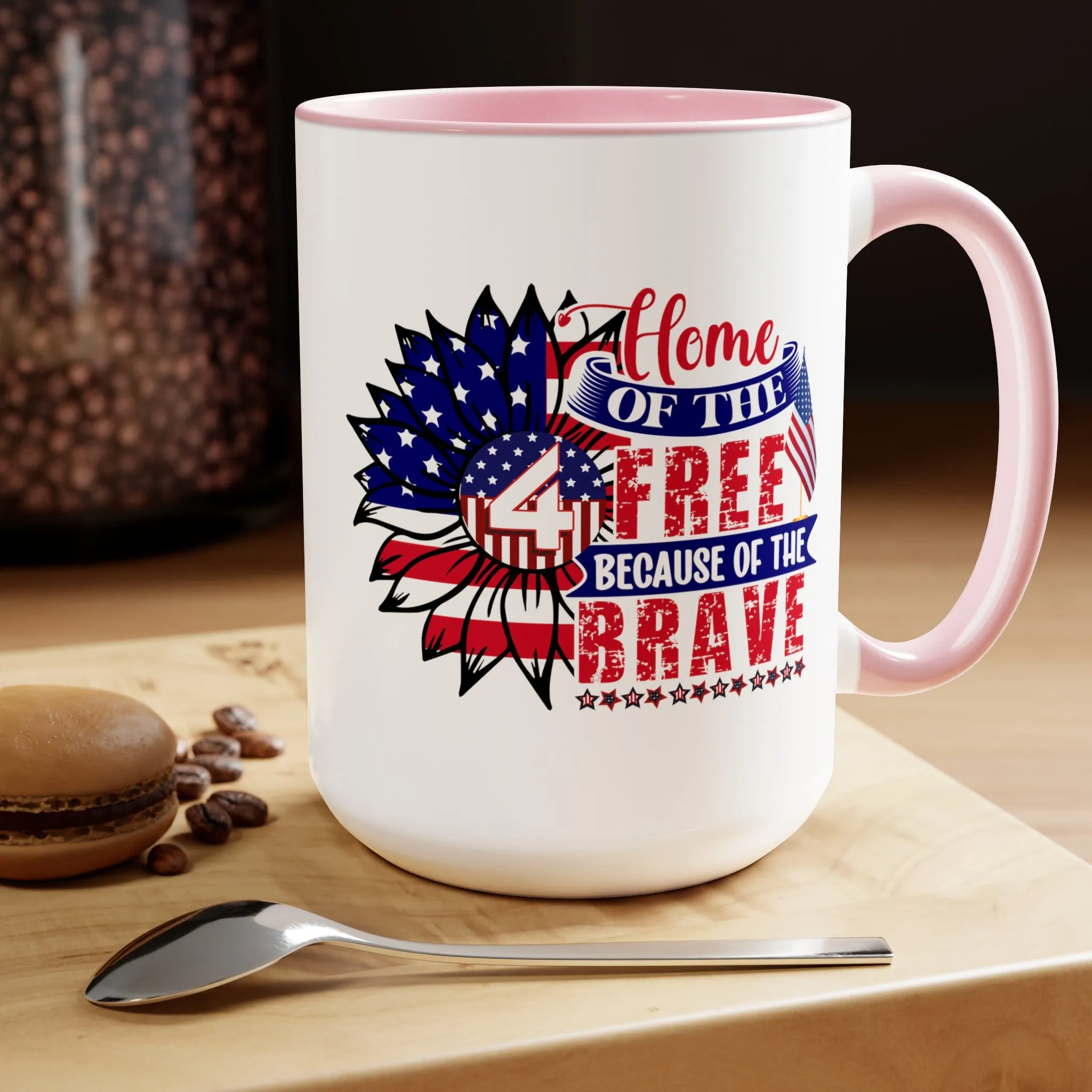 Happy 4th Of July Two -Tone Coffee Mug.15oz. God Bless America Coffee Mug.Flag, Red White Blue, Gift, America.Fourth Of July Sunflower Coffee Mug.