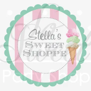 Ice Cream Party Birthday Stickers, Party Favor Labels, Sweet Shop Birthday, Vintage Ice Cream Parlour Birthday Decorations - Set of 24
