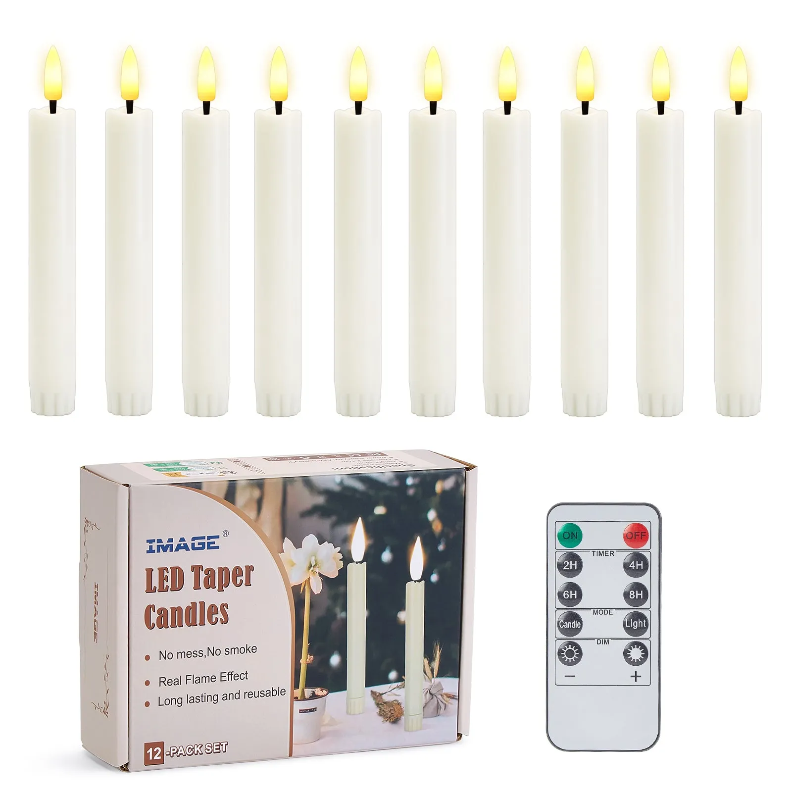 IMAGE Taper Candles, 12 Pcs Battery Operated Taper Candles 3D Wick Ivory Taper Flameless Candles with 10 Keys Remote and Timer, Flickering Flameless Taper Candles Warm White