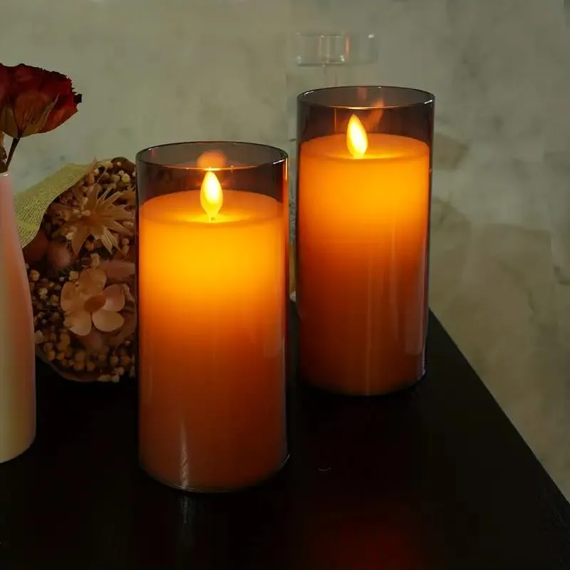 LTETTES 2pcs Grey Acrylic Flickering Flameless Candles, Unbreakable Battery Powered Candles, LED Pillar Radiance Candles with Remote Control and Time for Home Decoration