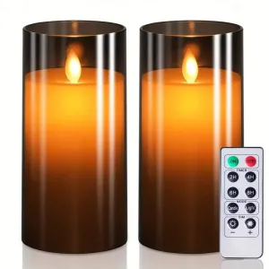 LTETTES 2pcs Grey Acrylic Flickering Flameless Candles, Unbreakable Battery Powered Candles, LED Pillar Radiance Candles with Remote Control and Time for Home Decoration