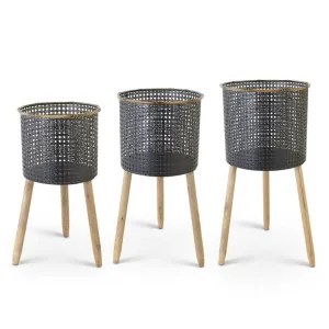 Punched Black Metal Planter with Wood Legs