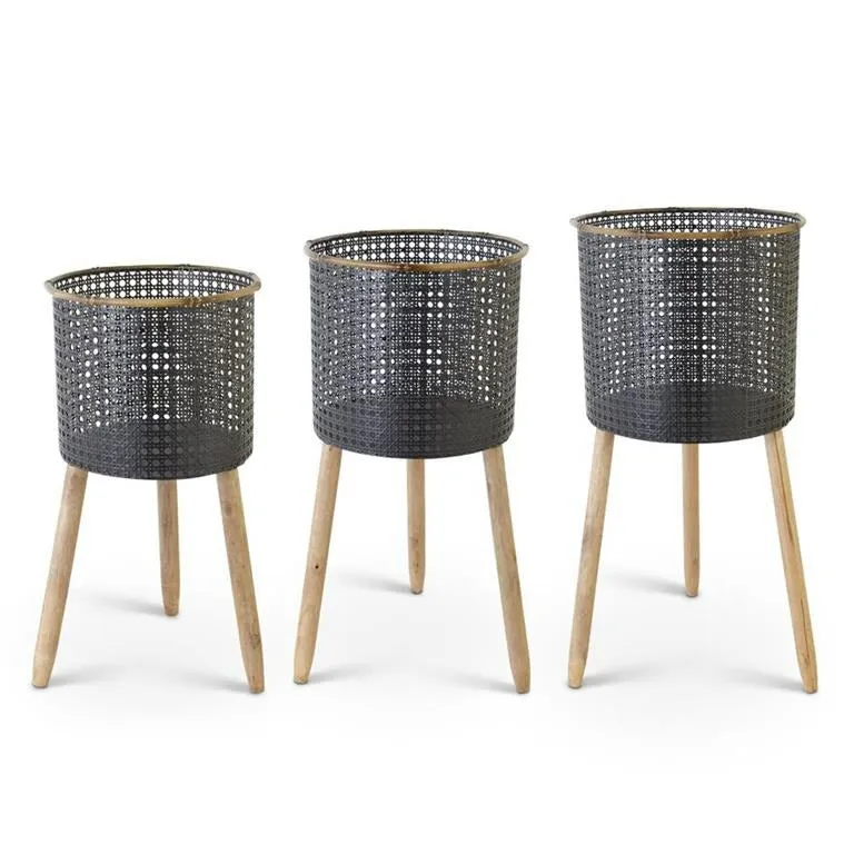 Punched Black Metal Planter with Wood Legs