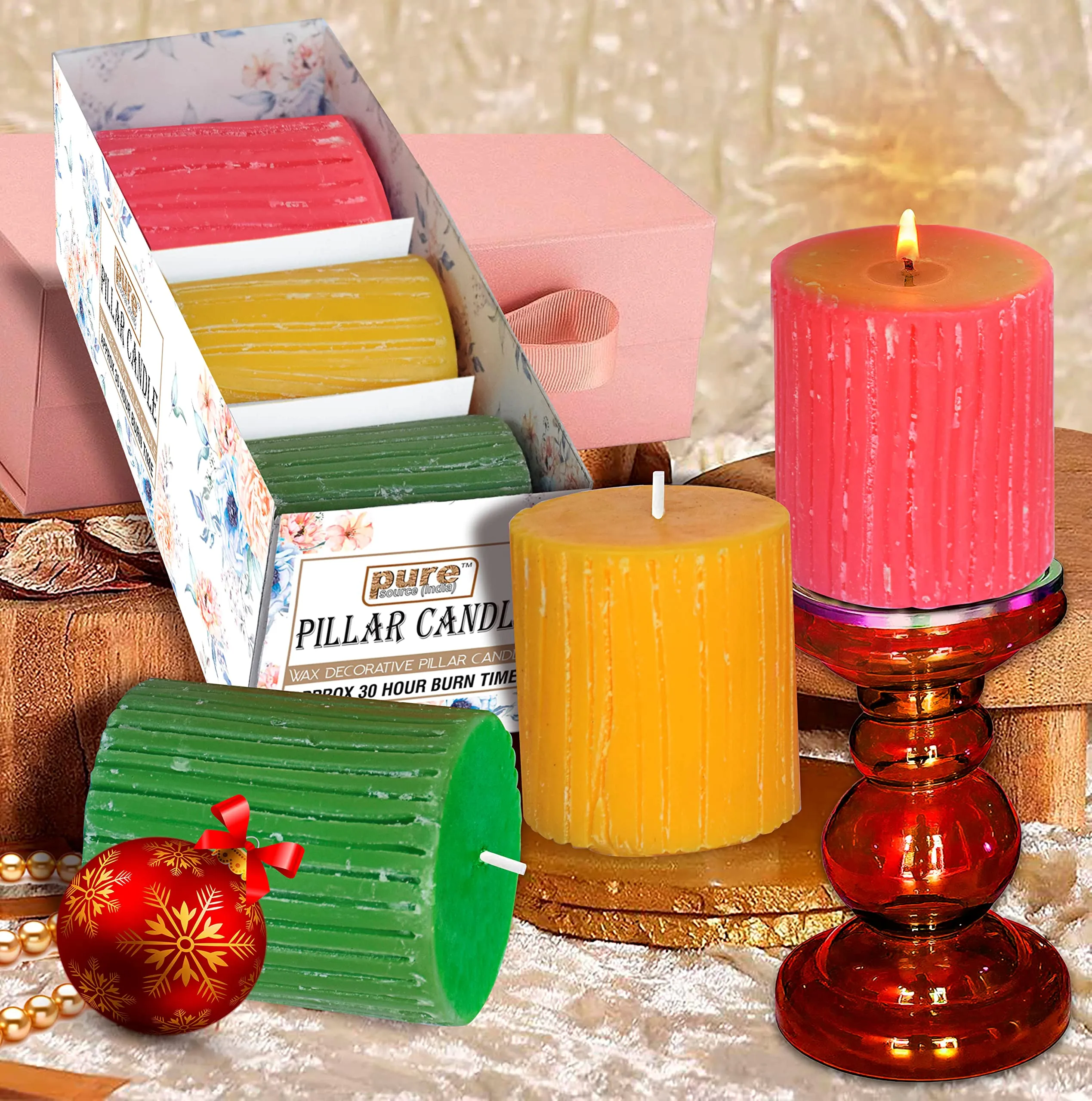 Pure Source India Set of 3 Scented Pillar Candle Smokeless and Handmade Finish, Lemongrass, Rose, and Sandalwood Fragrance (Size 2.75 x 3 Inch, Burn Time-30 Hrs Minimum Each)