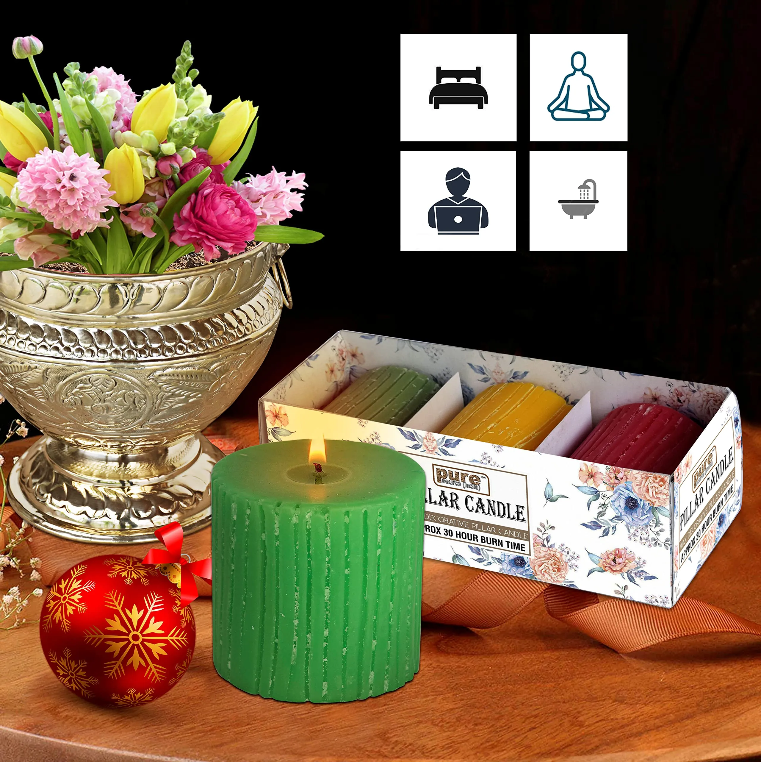 Pure Source India Set of 3 Scented Pillar Candle Smokeless and Handmade Finish, Lemongrass, Rose, and Sandalwood Fragrance (Size 2.75 x 3 Inch, Burn Time-30 Hrs Minimum Each)