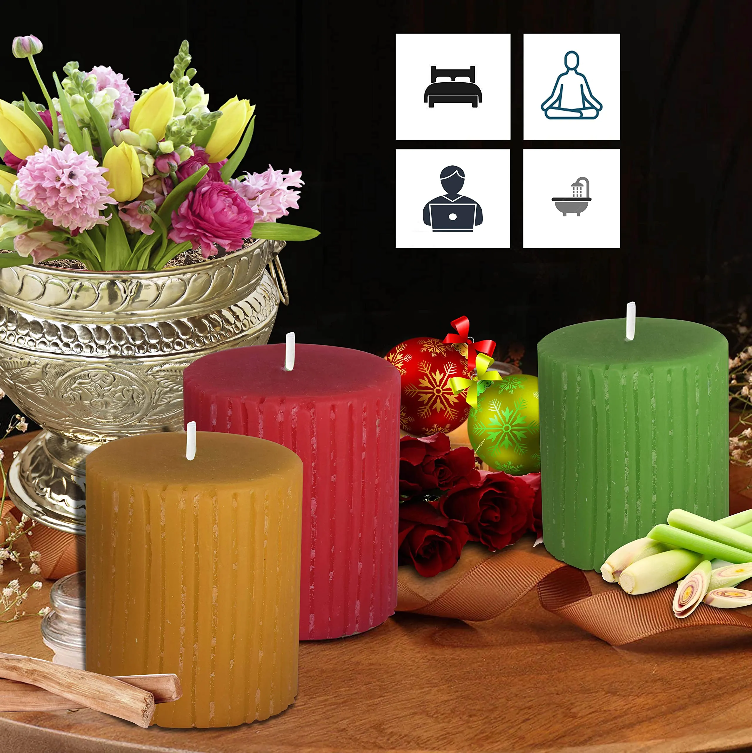 Pure Source India Set of 3 Scented Pillar Candle Smokeless and Handmade Finish, Lemongrass, Rose, and Sandalwood Fragrance (Size 2.75 x 3 Inch, Burn Time-30 Hrs Minimum Each)