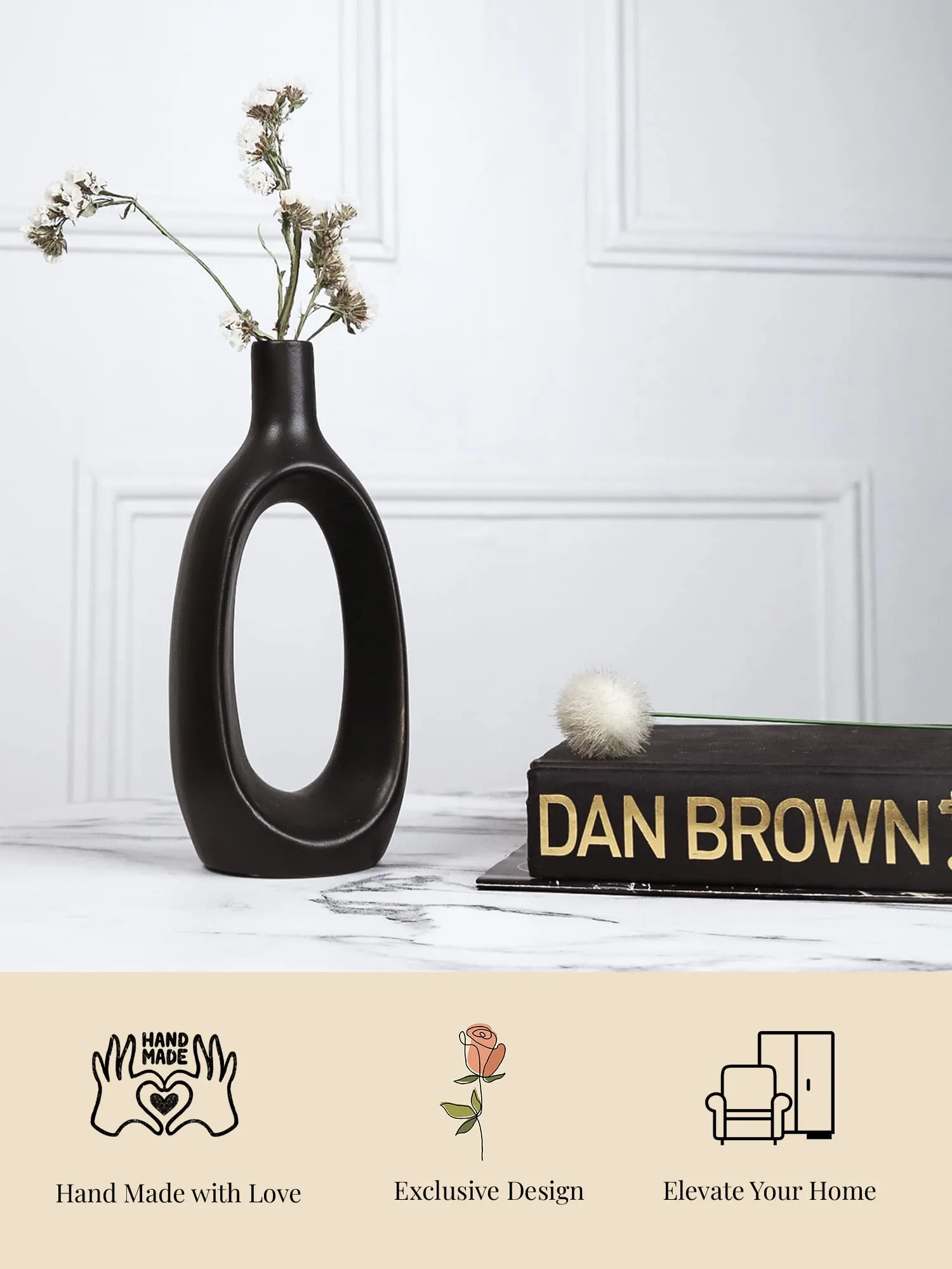 Purezento Modern Decorative Kieko Donut Vases for Home Decor | Centerpieces | Kitchen | Office or Living Room with Unique Quality for Center Table, Flowers Pot, Bedroom Side Corners (Black,8 Inch)