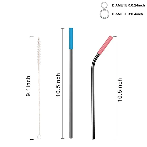 Reusable Metal Straws With Silicone Tips for 30 Oz Tumblers Pack of 4 Black