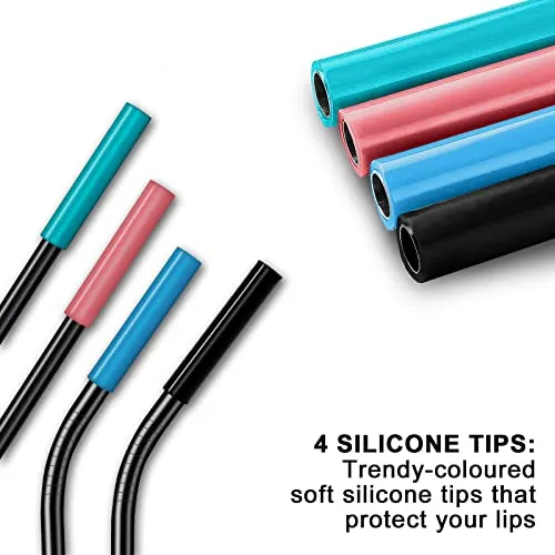 Reusable Metal Straws With Silicone Tips for 30 Oz Tumblers Pack of 4 Black