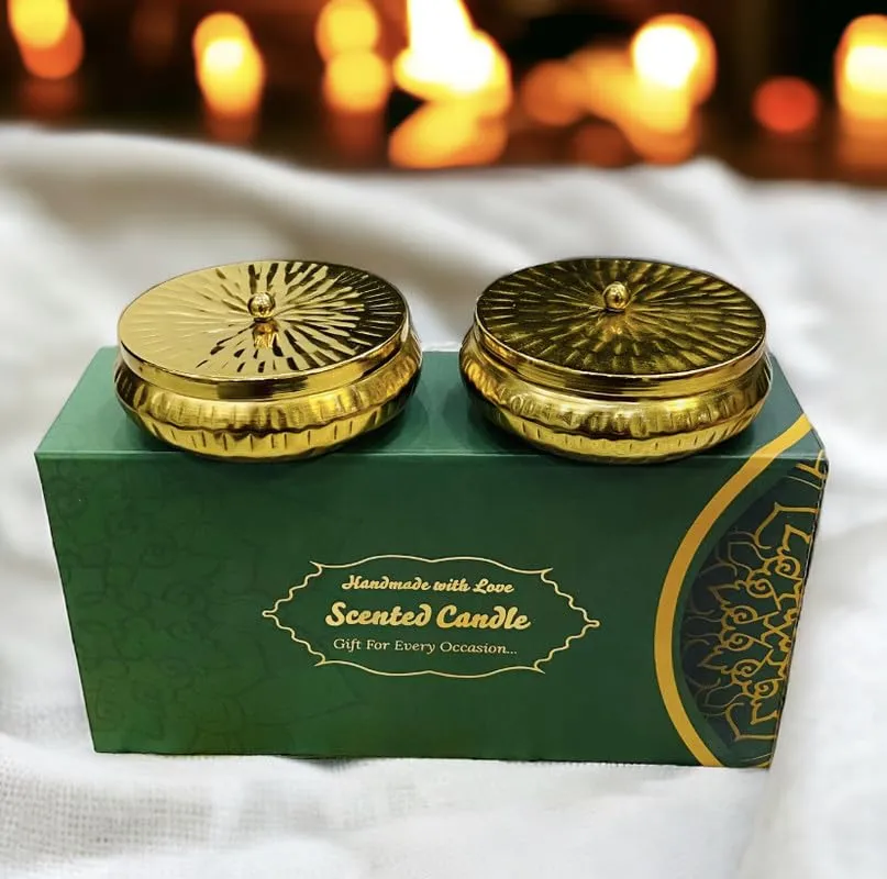 RJKART Magnetic Gift Box with 2 Golden Metal Urli Candle with Lid Aroma Therapy Candles for Home Decorations (Size 4 inch Each)