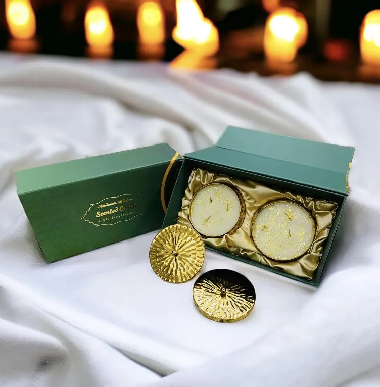 RJKART Magnetic Gift Box with 2 Golden Metal Urli Candle with Lid Aroma Therapy Candles for Home Decorations (Size 4 inch Each)