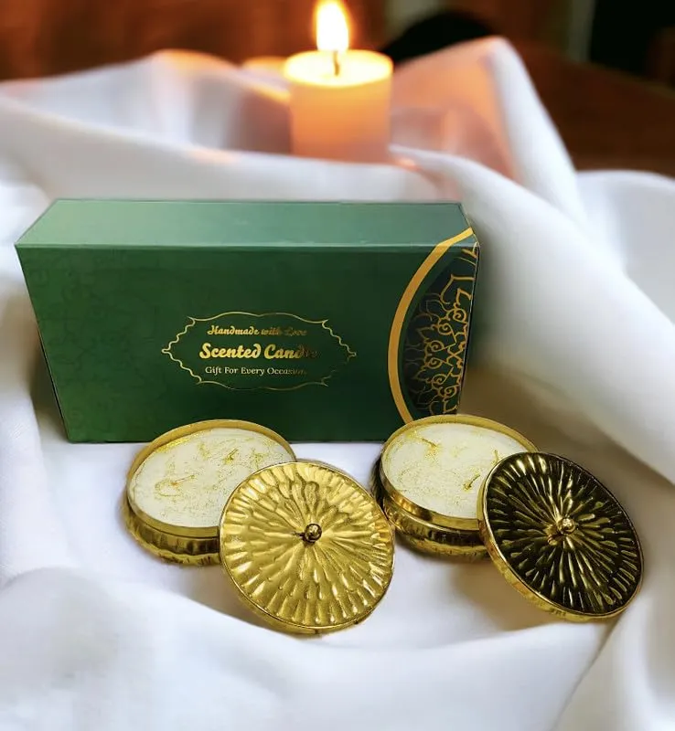 RJKART Magnetic Gift Box with 2 Golden Metal Urli Candle with Lid Aroma Therapy Candles for Home Decorations (Size 4 inch Each)