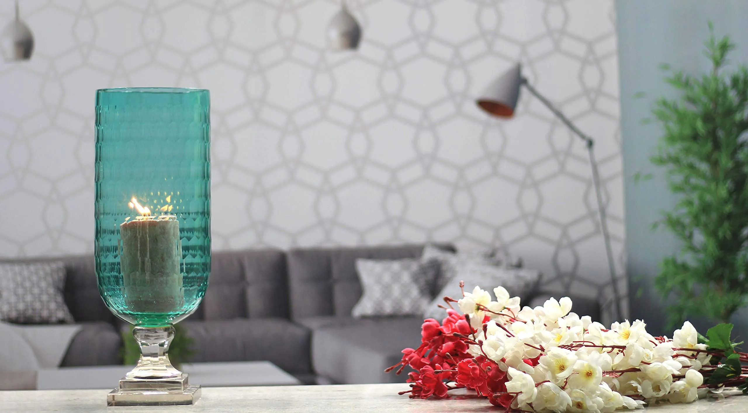SHOBHANA ENTERPRISES Honeycomb Cut Engraved Hurricane Glass Vase for Home Décor (Aqua Blue, Size: 15 * 40 cm)