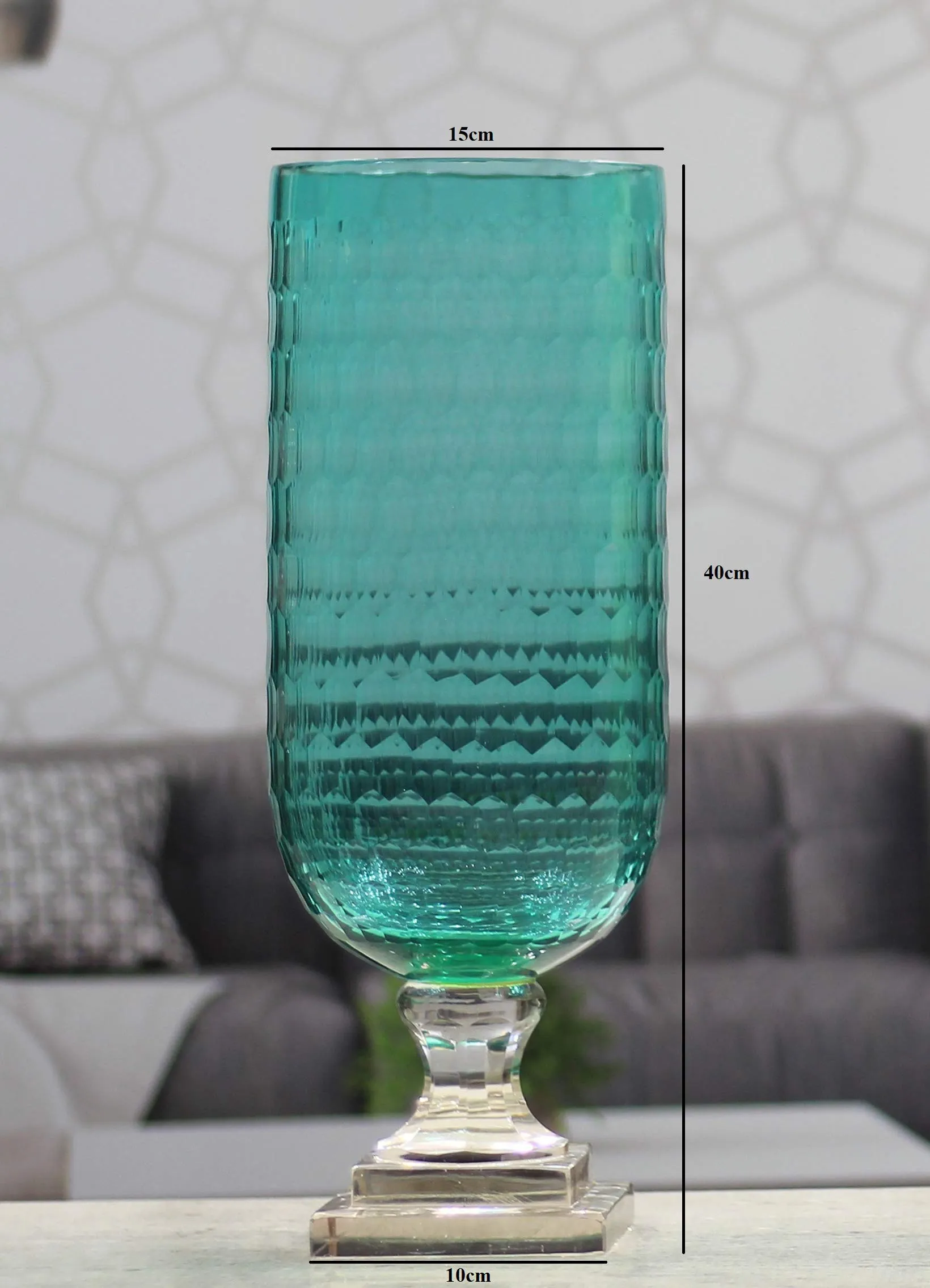 SHOBHANA ENTERPRISES Honeycomb Cut Engraved Hurricane Glass Vase for Home Décor (Aqua Blue, Size: 15 * 40 cm)