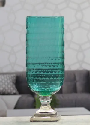 SHOBHANA ENTERPRISES Honeycomb Cut Engraved Hurricane Glass Vase for Home Décor (Aqua Blue, Size: 15 * 40 cm)