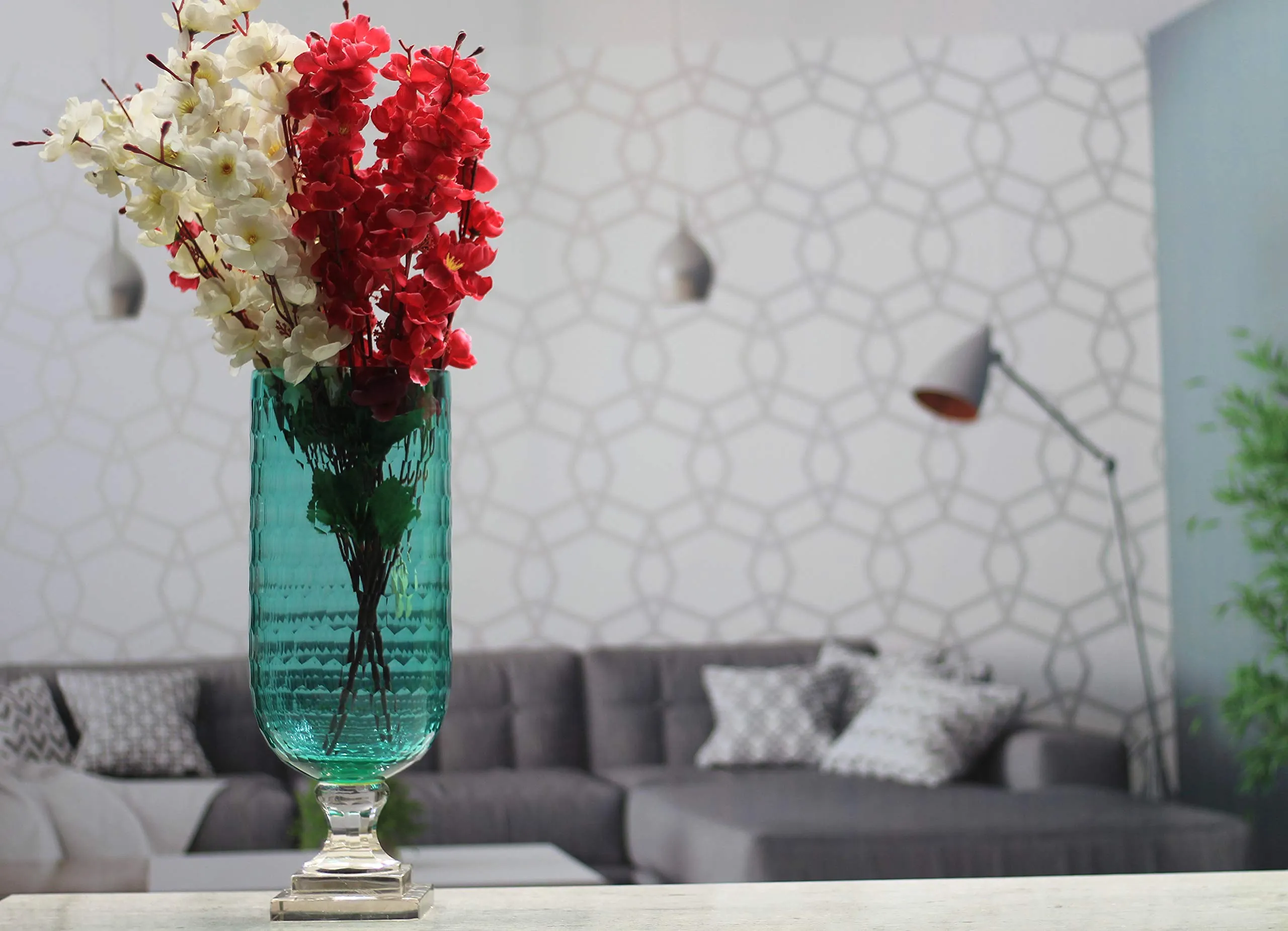 SHOBHANA ENTERPRISES Honeycomb Cut Engraved Hurricane Glass Vase for Home Décor (Aqua Blue, Size: 15 * 40 cm)