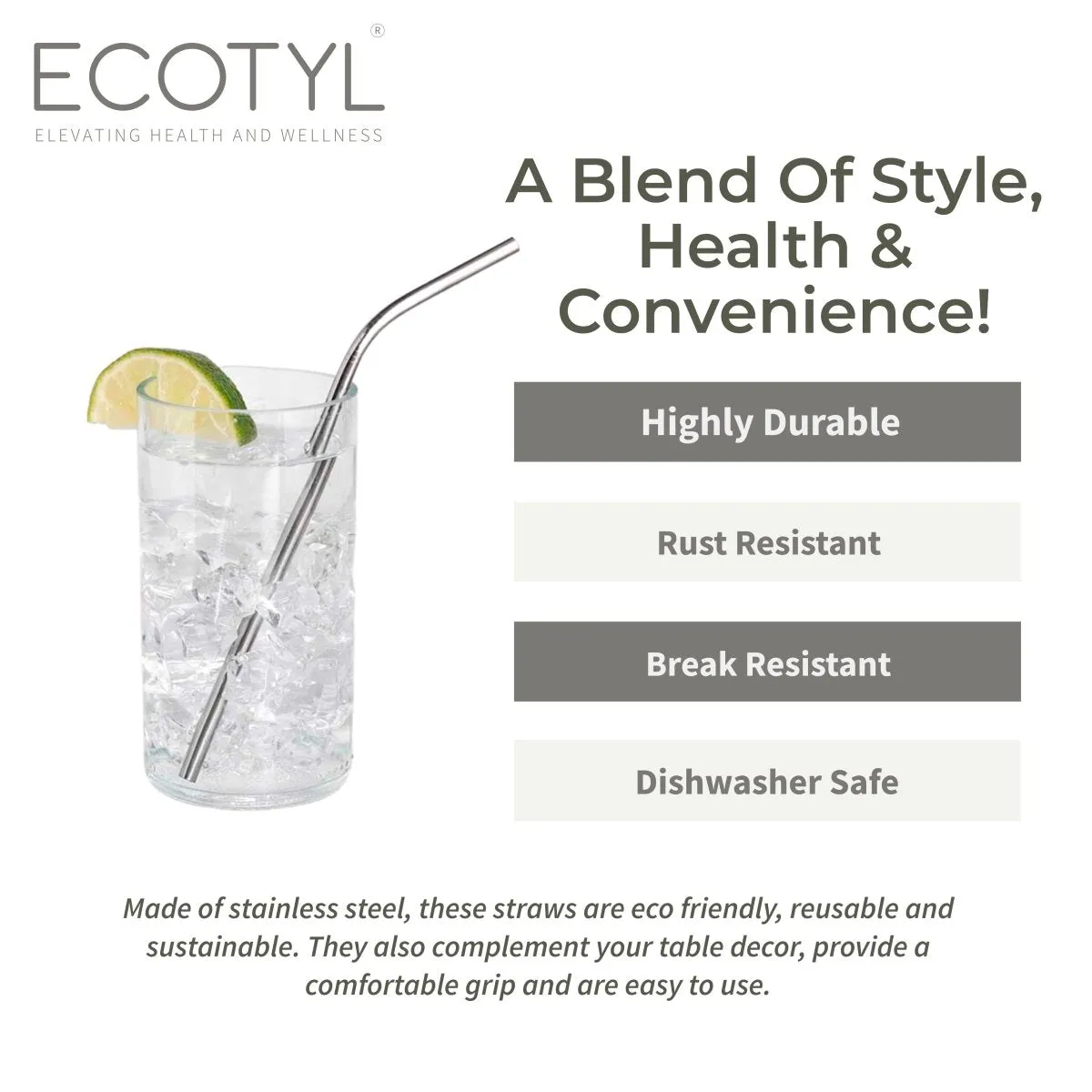 Stainless Steel Reusable Straw Bent with Cleaning Brush | Set of 4