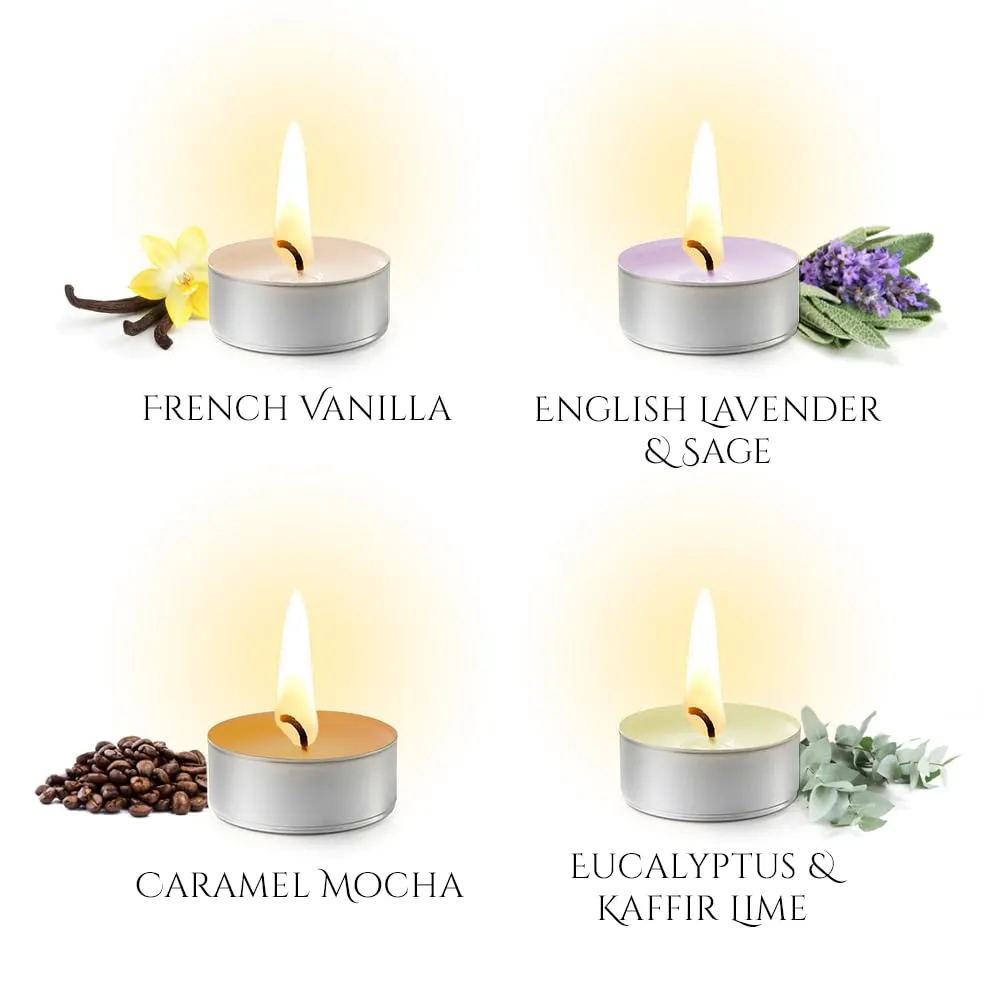 ThinkArtDecor Scented Tea Lights Candles for Home Decor, Aroma Therapy Tealight - 5 Hours each| Vanilla   Caramel Mocha   Lavender Sage   Eucalyptus Kaffir Lime | 4 Fragrance Set of 48 Tea Light