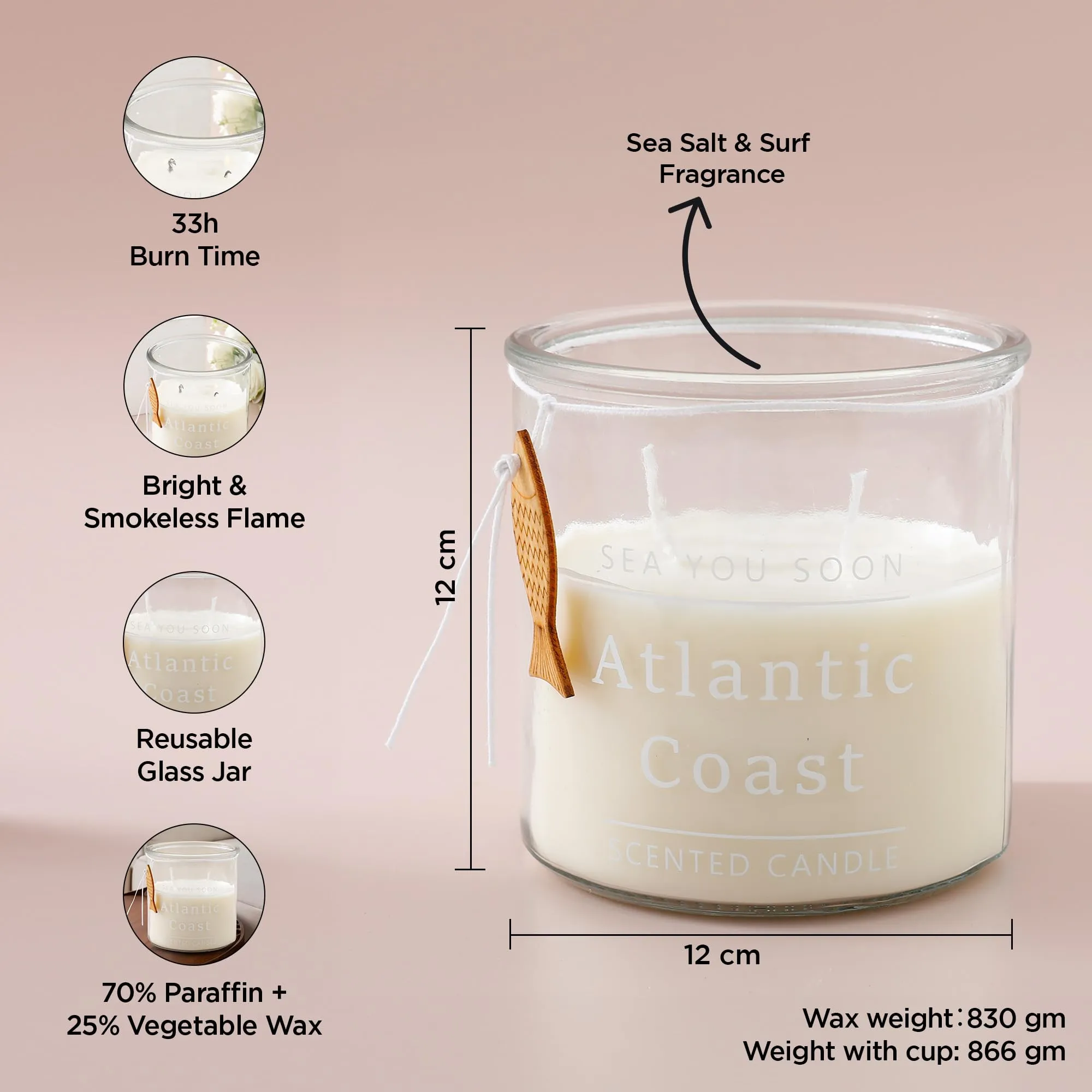 UMAI Glass Jar Scented Candles (33Hrs Burn Time) Sea Salt Scented Candles for Gift | Scented Candles for Home Decor | Scented Candles for Bedroom Bathroom | Home Decor Items | Aroma Candle