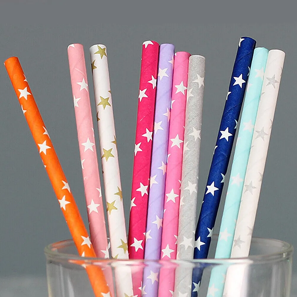 US 100~200 Bulk Packed Paper Straws Pattern Color -Biodegradable FDA Approved