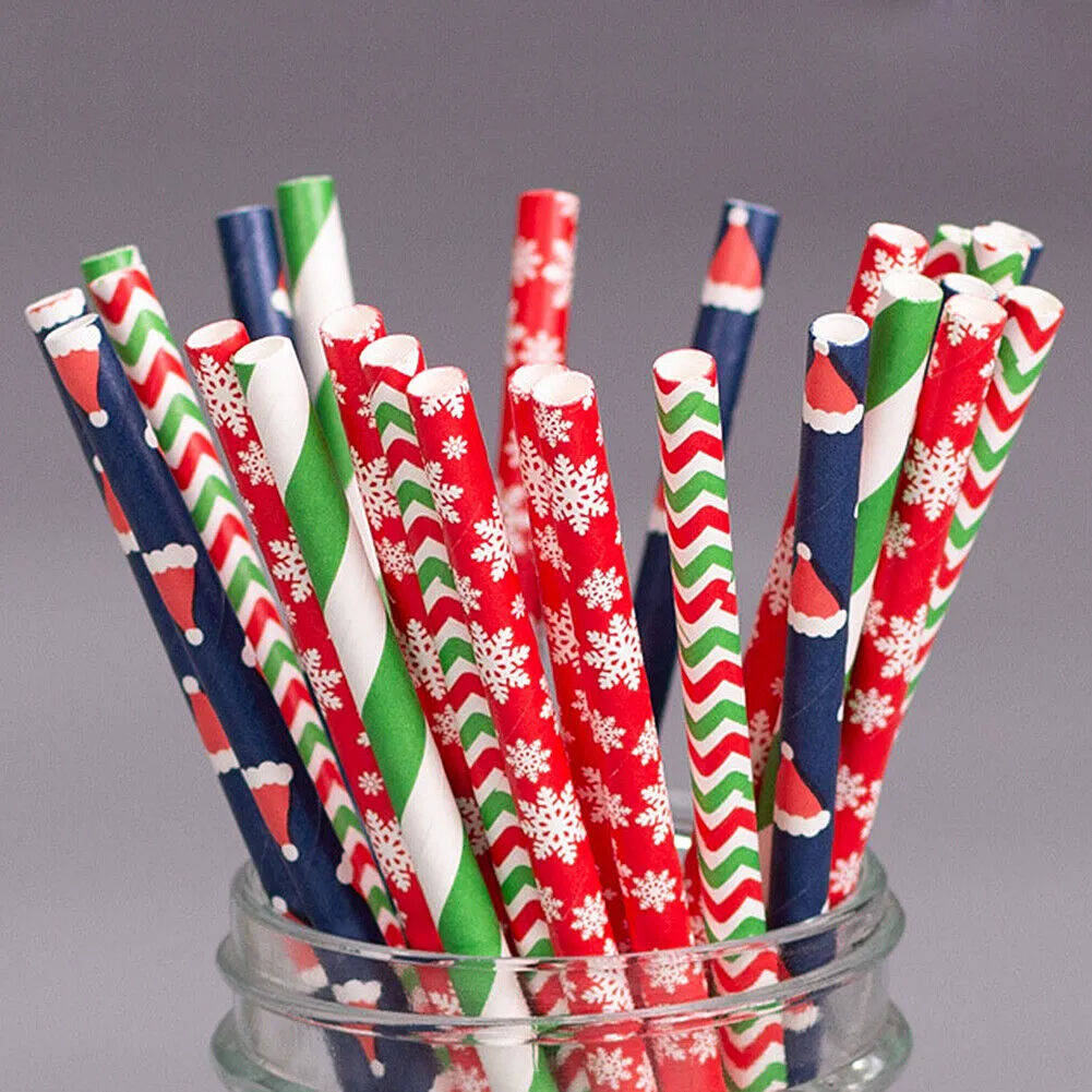 US 100~200 Bulk Packed Paper Straws Pattern Color -Biodegradable FDA Approved