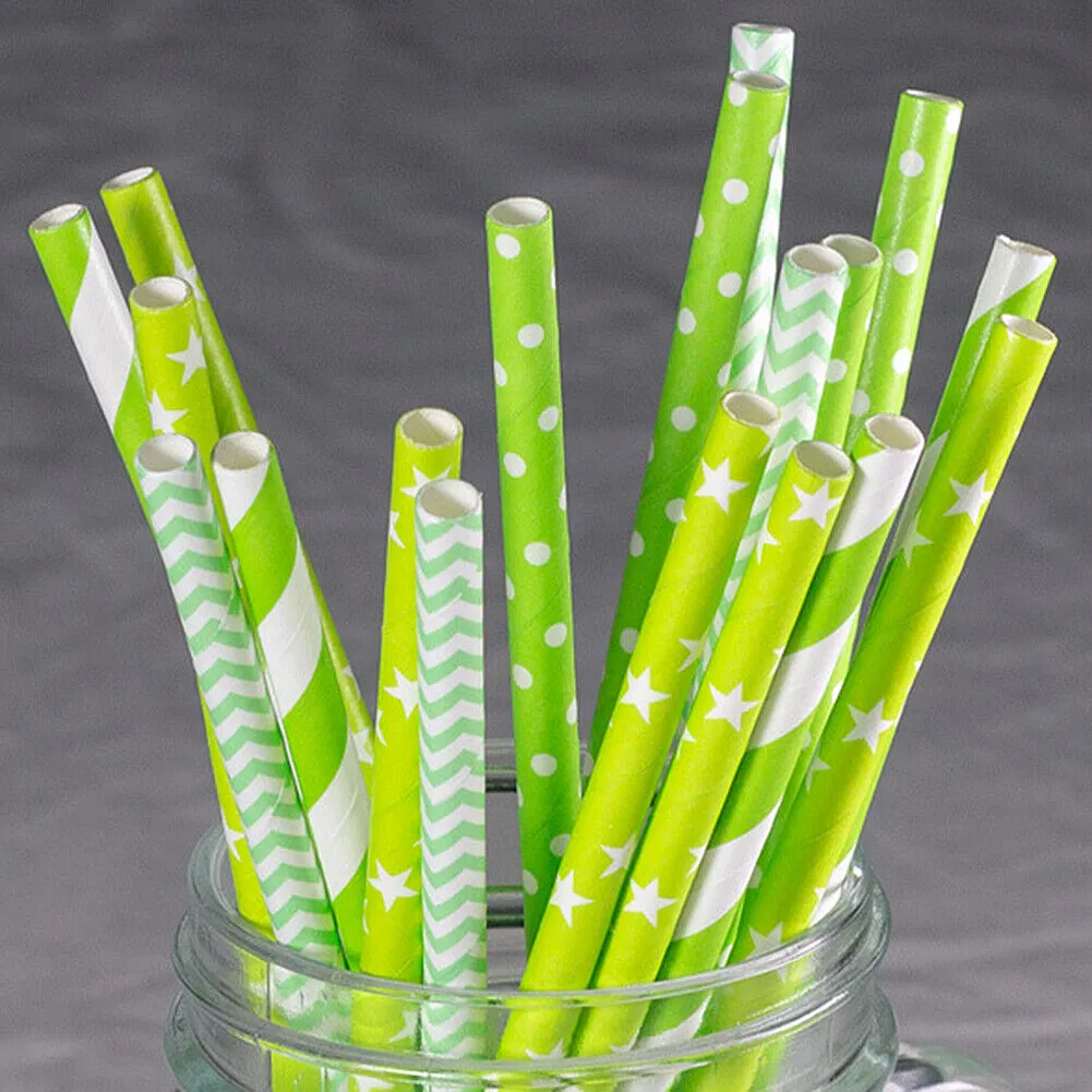 US 100~200 Bulk Packed Paper Straws Pattern Color -Biodegradable FDA Approved