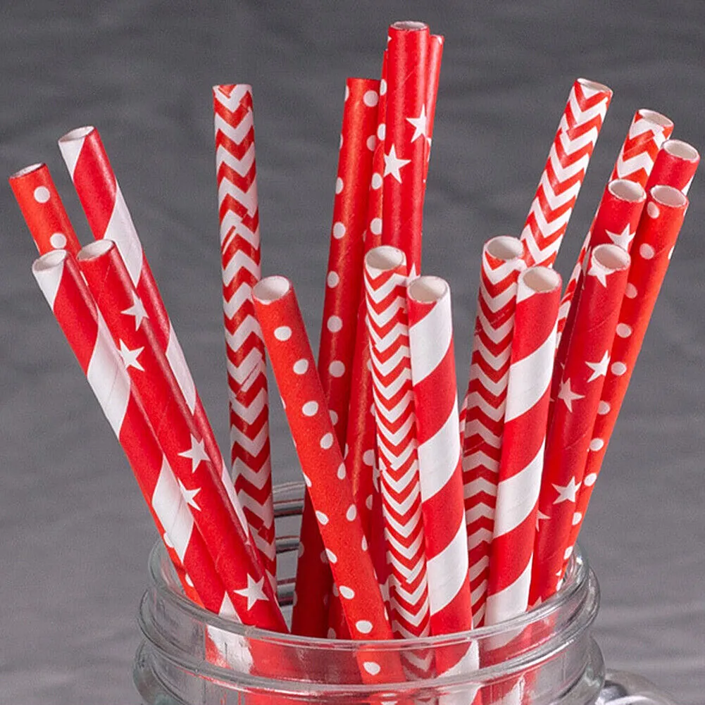 US 100~200 Bulk Packed Paper Straws Pattern Color -Biodegradable FDA Approved