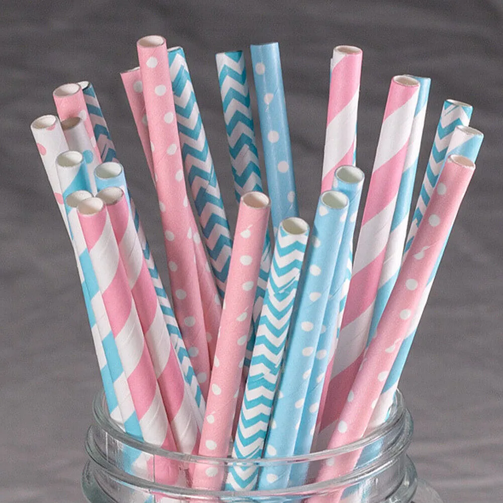 US 100~200 Bulk Packed Paper Straws Pattern Color -Biodegradable FDA Approved