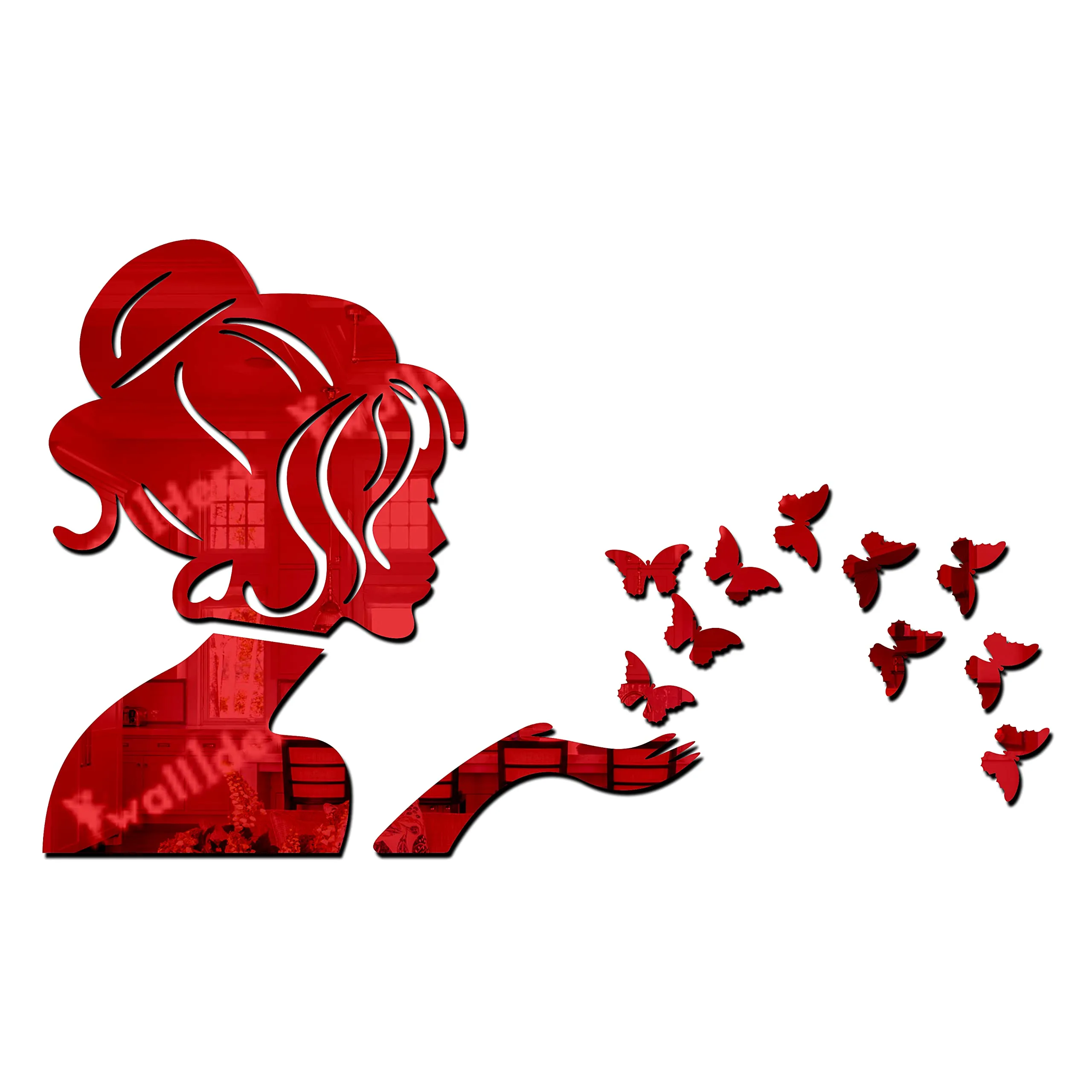 Wall1ders Angel Fairy with 10 Butterfly (Size 31 cm x 45 cm), Mirror Stickers for Wall, Acrylic Stickers, Wall Mirror Stickers, Wall Stickers for Bedroom, Hall, Home Offices (Red)